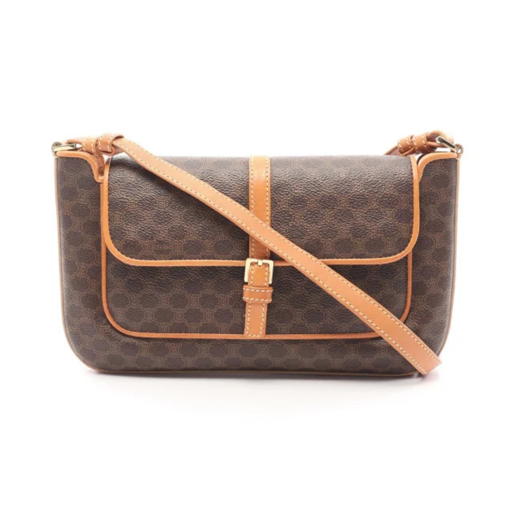 Celine Macadam Shoulder Bag Canvas Leather Brown Beige Cream
